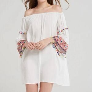 STELLAH Off-Shoulder Pom Pom Mini Dress Tunic Festival Boho Multicolor - Small